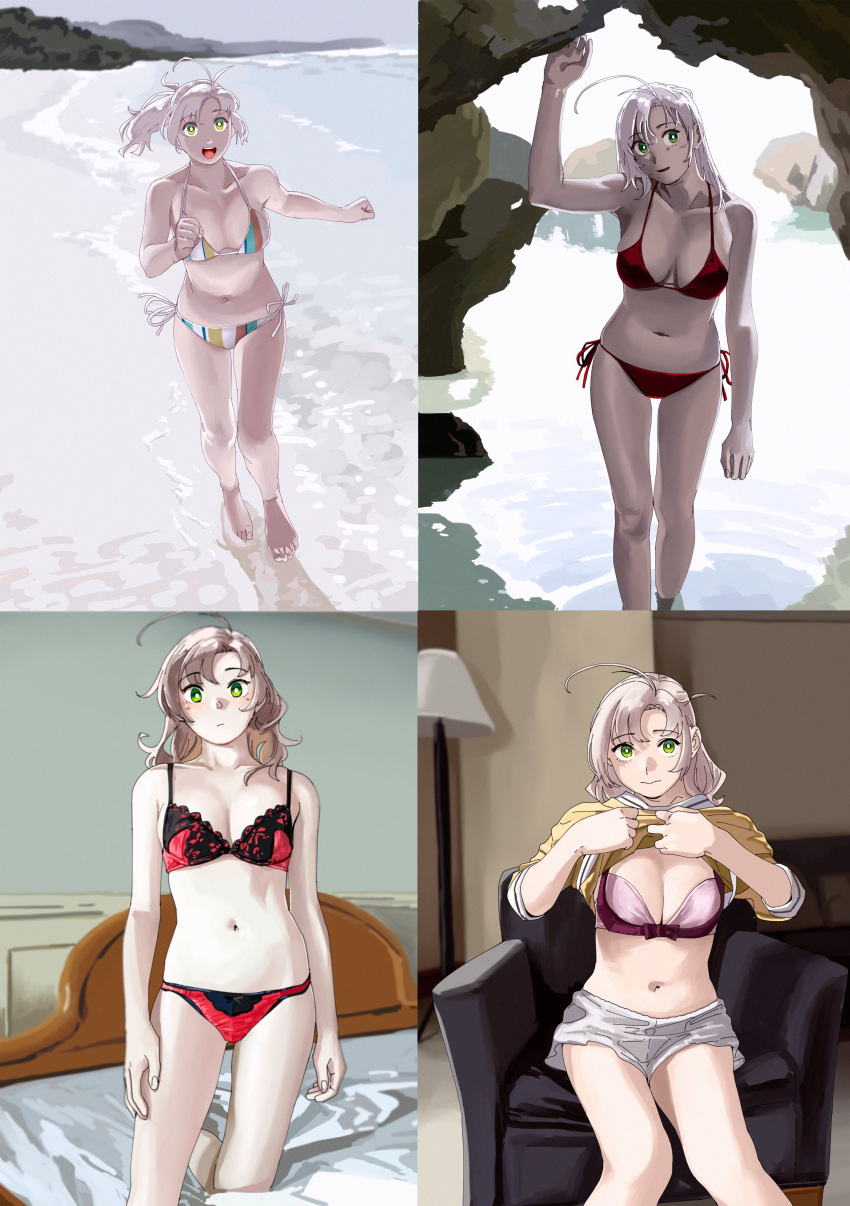 1girl absurdres alternate_costume alternate_hairstyle antenna_hair beach bed bikini bra breasts cave clothes_lift commentary_request couch day feet_out_of_frame grey_hair highres kantai_collection kinugasa_(kancolle) kinugasa_kai_ni_(kancolle) kneeling large_breasts looking_at_viewer medium_hair multiple_views navel ojipon one_side_up outdoors panties pink_bra ponytail red_bikini red_bra red_panties shirt shirt_lift shorts side-tie_bikini_bottom striped striped_bikini swimsuit underwear underwear_only wading white_shorts yellow_shirt