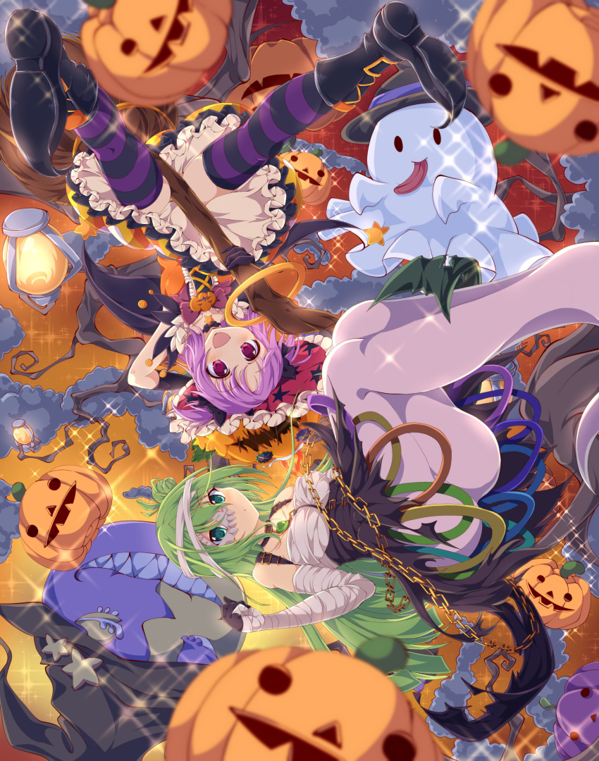 2girls absurdres alina_gray alina_gray_(halloween_ver.) bandaged_arm bandages black_footwear blush boots broom broom_riding bubble_skirt chain choker frills green_eyes green_hair halloween halloween_costume hat highres jack-o'-lantern looking_at_viewer magia_record:_mahou_shoujo_madoka_magica_gaiden magical_girl mahou_shoujo_madoka_magica mask_over_one_eye misono_karin misono_karin_(halloween_ver.) multicolored_clothes multiple_girls niyadepa official_alternate_costume open_mouth pumpkin purple_hair ribbon sarashi single_hair_ring skirt smile star_(symbol) striped striped_thighhighs thighhighs