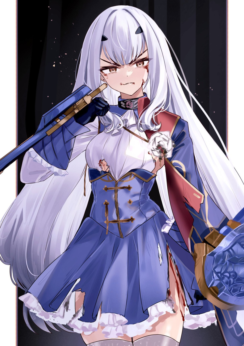 1girl blood blood_from_mouth blood_on_clothes blood_on_face blue_cape blue_dress breasts bruise bruise_on_face cape cuts dress fairy_knight_lancelot_(fate) fairy_knight_lancelot_(second_ascension)_(fate) fate/grand_order fate_(series) forked_eyebrows frills highres injury looking_at_viewer scratches shong0127 sidelocks small_breasts solo torn_clothes white_hair