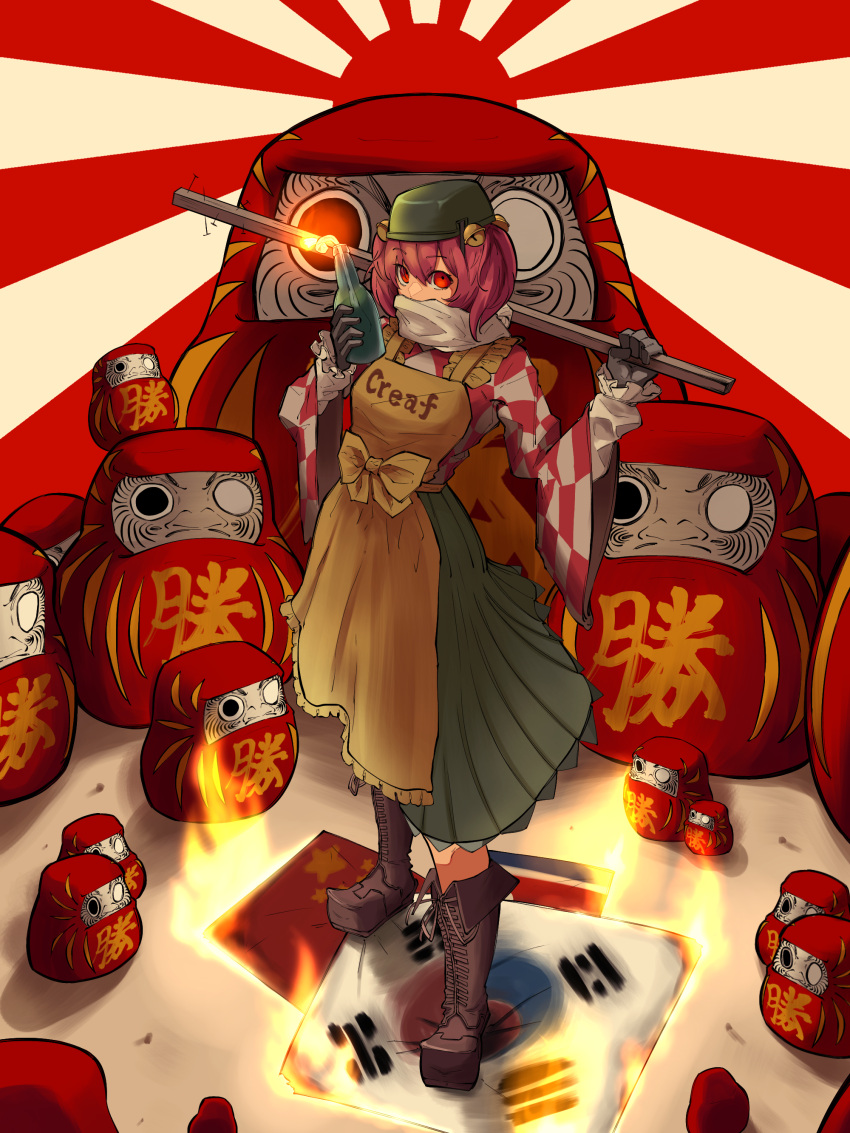 1girl absurdres apron bangs baseball_bat bell black_gloves boots bow breasts brown_footwear burning character_name checkered_clothes checkered_shirt clothes_writing commentary_request cookie_(touhou) creaf_(cookie) cross-laced_footwear daruma_doll fire flag full_body gloves green_headwear green_skirt hair_bell hair_between_eyes hair_ornament highres holding holding_staff holding_weapon jingle_bell long_sleeves looking_at_viewer molotov_cocktail motoori_kosuzu nail nail_bat north_korean_flag odoro_(nicoseiga81184094) people's_republic_of_china_flag red_eyes red_hair red_shirt rising_sun scarf shirt short_hair skirt small_breasts solo south_korean_flag staff sunburst touhou two_side_up weapon white_scarf white_shirt yellow_apron yellow_bow