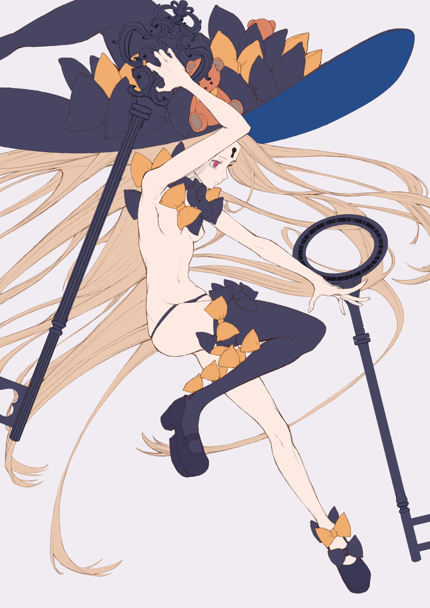 1girl abigail_williams_(fate) abigail_williams_(second_ascension)_(fate) bangs black_bow black_footwear black_headwear black_panties black_thighhighs blonde_hair bow breasts expressionless fate/grand_order fate_(series) flat_color grey_background hat highres holding holding_key key keyhole leg_up long_hair mary_janes multiple_hat_bows navel orange_bow ota_(ota-0000) oversized_object panties parted_bangs red_eyes shoes simple_background single_thighhigh small_breasts solo thighhighs topless underwear unfinished very_long_hair witch_hat