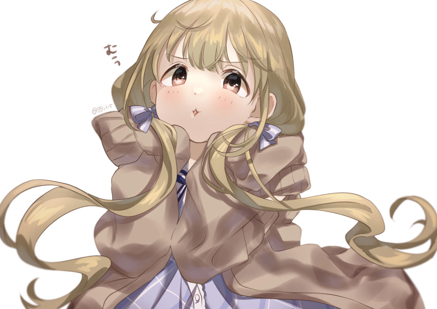 1girl :o absurdres blonde_hair blue_dress blush bow brown_cardigan cardigan cheek_press dress futaba_anzu ggi315 hair_bow highres idolmaster idolmaster_cinderella_girls idolmaster_cinderella_girls_starlight_stage looking_at_viewer simple_background sleeves_past_fingers sleeves_past_wrists solo twintails white_background