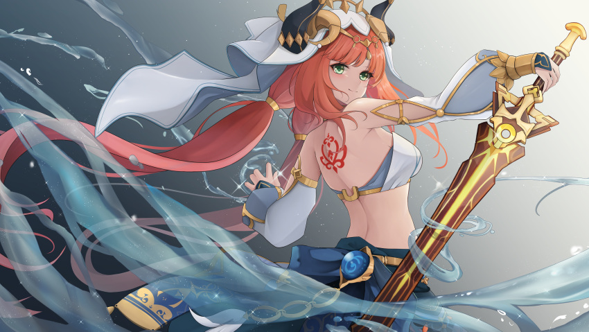 1girl absurdres arm_up back_tattoo bare_back bare_shoulders blue_skirt bracer breasts closed_mouth crop_top detached_sleeves fake_horns floating_hair genshin_impact gradient gradient_background hand_up harem_outfit highres holding holding_sword holding_weapon horns kampher_(yekxiong) key_of_khaj-nisut_(genshin_impact) long_hair long_sleeves looking_at_viewer looking_back medium_breasts nilou_(genshin_impact) puffy_long_sleeves puffy_sleeves skirt smile sword tattoo twintails veil very_long_hair vision_(genshin_impact) water weapon white_headwear white_sleeves