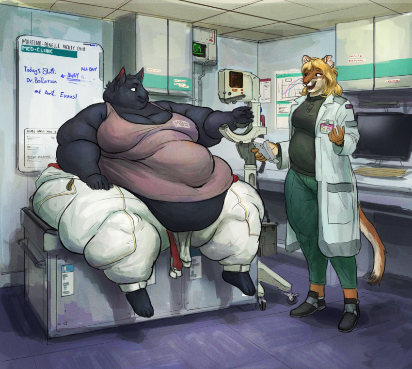 2021 anthro barefoot belly big_belly black_body black_fur blonde_hair bottomwear cettus clothing coat computer cougar doctor domestic_cat duo fat_rolls feet felid feline felis female footwear fur furniture hair hi_res holding_object hospital inside lab_coat mammal medical_examination medical_instrument monitor morbidly_obese morbidly_obese_anthro morbidly_obese_female name_tag obese obese_anthro obese_female on_table orange_body orange_fur overweight overweight_anthro overweight_female pants sarka_svobodova science_fiction scientific_instrument shirt shoes sitting standing table tank_top thick_thighs topwear whiteboard