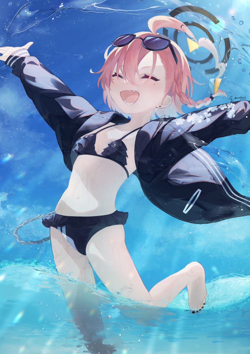 1girl absurdres ahoge barefoot bikini black-framed_eyewear black_bikini black_jacket blue_archive blue_background breasts chain closed_eyes eyewear_on_head fang foot_out_of_frame frilled_bikini frills halo highres jacket jacket_over_swimsuit kuromu_(96-94) long_sleeves mole mole_under_eye nail_polish neru_(blue_archive) open_mouth outstretched_arms pink_hair sky small_breasts smile solo splashing spread_arms summer swimsuit toenail_polish toenails wading water