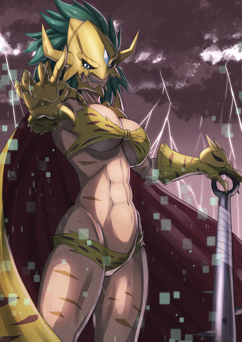 1girl abs absurdres bare_shoulders bikini blue_eyes breasts cape cleavage cloud cloudy_sky club_(weapon) commentary cowboy_shot digimon digimon_(creature) digital_dissolve fangs gauntlets green_hair grin groin highres horns kinkakumon kotatsu_(nukunuku) large_breasts lightning long_hair looking_at_viewer mask navel red_cape sky smile solo spiked_club standing stomach swimsuit teeth two-tone_cape underboob weapon yellow_bikini yellow_cape