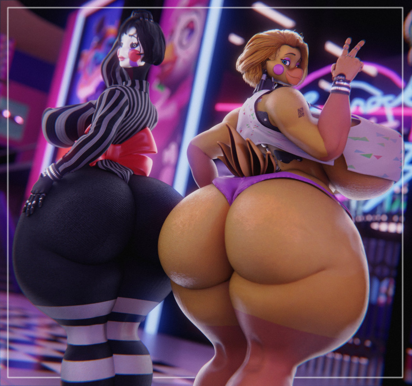 2021 3d_(artwork) 5_fingers animatronic anthro areola avian beak big_breasts big_butt bird black_body black_hair blonde_hair blue_eyes breast_size_difference breasts butt chicken clothing digital_media_(artwork) duo female fingers five_nights_at_freddy's five_nights_at_freddy's_2 galliform gallus_(genus) gesture hair hi_res huge_breasts huge_butt hyper hyper_breasts legwear looking_at_viewer looking_back looking_back_at_viewer machine marionette_(fnaf) orange_beak orange_body panties phasianid qr_code robot scottgames sunr4y topwear toy_chica_(fnaf) underwear v_sign video_games yellow_body