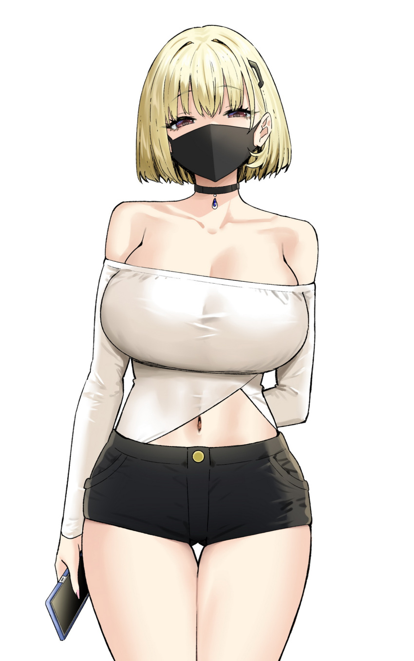 1girl arm_behind_back bangs bare_shoulders black_choker black_shorts blonde_hair breasts brown_eyes cellphone choker cleavage collarbone commentary covered_mouth cowboy_shot highres himeko_(sky-freedom) holding holding_phone large_breasts long_sleeves looking_at_viewer mask mouth_mask navel off_shoulder original phone shirt short_shorts shorts simple_background sky-freedom smartphone thigh_gap thighs white_background white_shirt