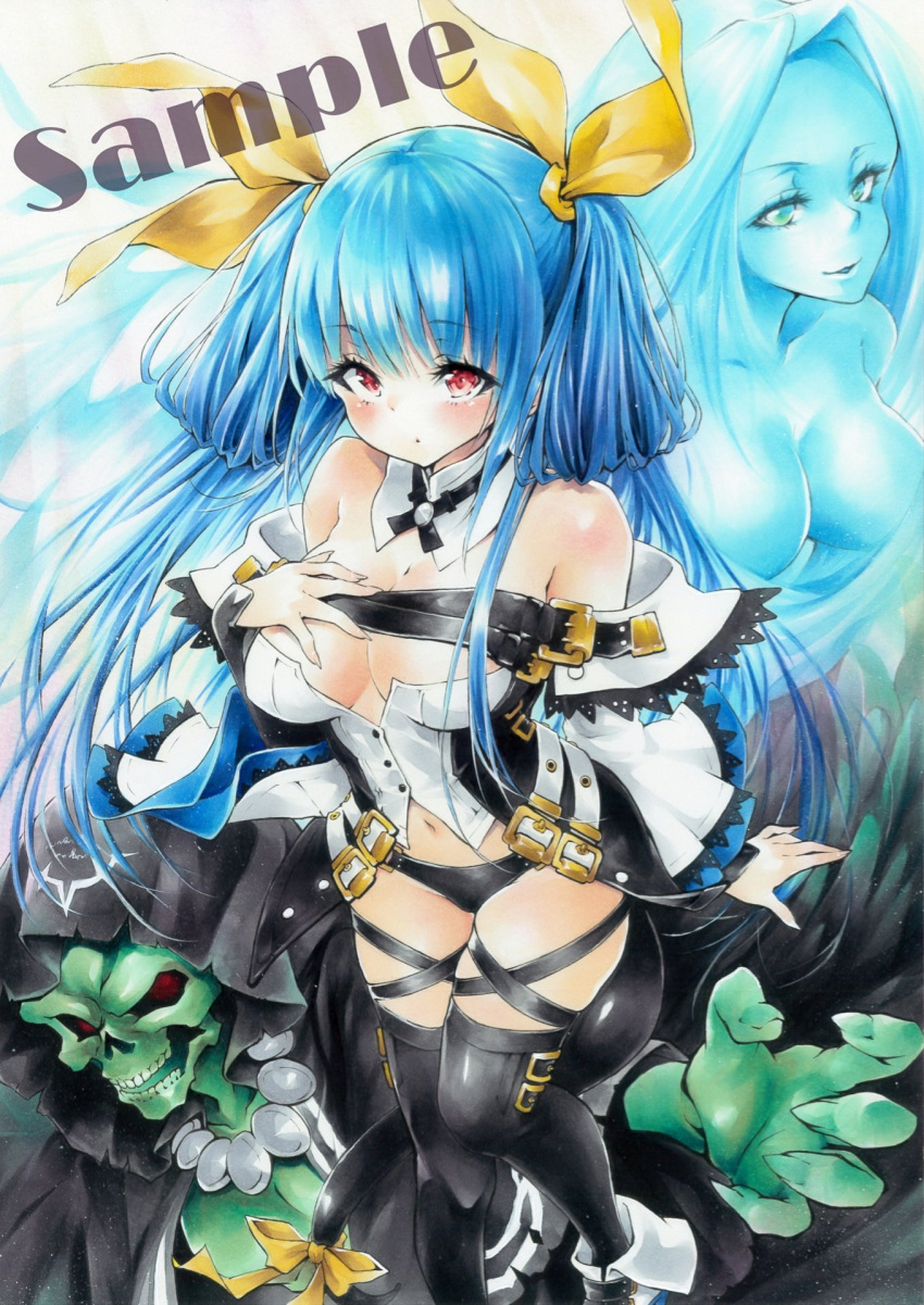 1girl arim0k0 asymmetrical_wings black_panties black_thighhighs blue_hair breasts cleavage closed_mouth cross-laced_clothes dizzy_(guilty_gear) guilty_gear guilty_gear_xrd hair_ribbon hand_on_own_chest highres large_breasts long_hair looking_at_viewer navel necro_(guilty_gear) panties red_eyes ribbon sample_watermark shirt solo thighhighs traditional_media twintails underwear undine_(guilty_gear) white_shirt wings yellow_ribbon