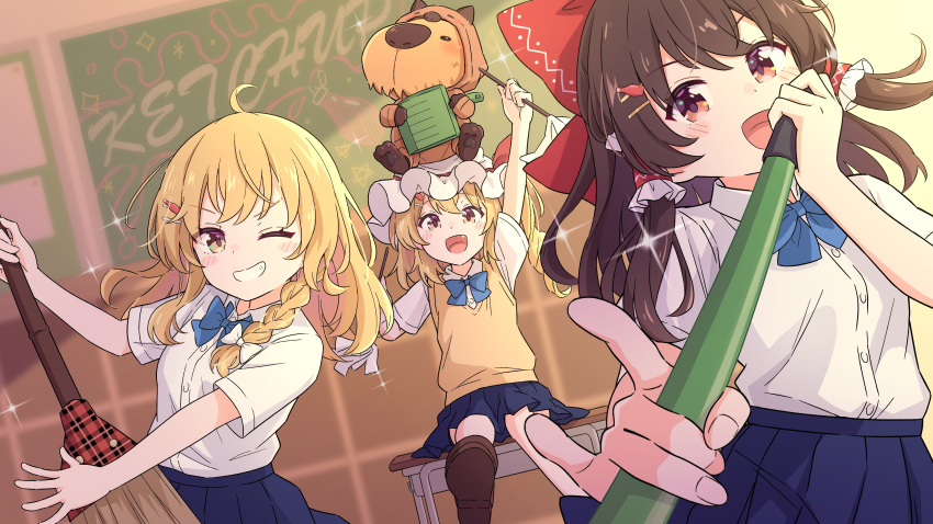 3girls absurdres artist_name blonde_hair blue_skirt broom_guitar brown_eyes brown_hair classroom english_text flandre_scarlet hakurei_reimu highres jacket ketchup1205 kirisame_marisa multiple_girls music one_eye_closed open_mouth school_uniform shirt short_sleeves singing skirt smile touhou unconventional_guitar white_headwear white_shirt yellow_jacket