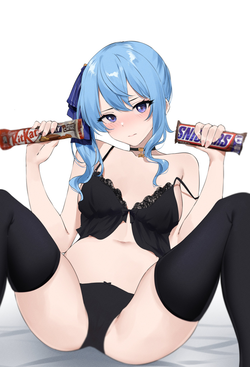 1girl absurdres bare_shoulders black_bra black_panties black_underwear blue_bow blue_eyes blue_hair blush bow bow_panties bra candy candy_bar choker closed_mouth collarbone feint721 food hair_bow hands_up highres holding holding_candy holding_food hololive hoshimachi_suisei kitkat lace-trimmed_bra lace_trim lingerie looking_at_viewer m_legs navel panties side_ponytail sitting snickers solo star_(symbol) star_choker star_in_eye strap_slip symbol_in_eye thighhighs thighs underwear virtual_youtuber
