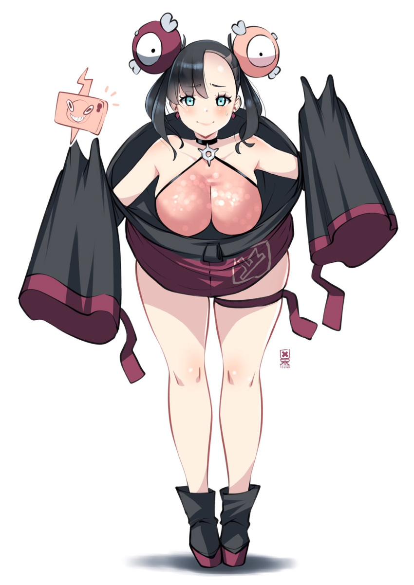 1girl alternate_breast_size alternate_color alternate_costume asymmetrical_bangs bangs bare_shoulders black_choker black_footwear black_hair blue_eyes breasts choker closed_mouth collarbone cosplay diamond_(shape) diamond_earrings double_v earrings eyelashes full_body halterneck highres iono_(pokemon) iono_(pokemon)_(cosplay) jewelry kenron_toqueen large_breasts looking_at_viewer magnemite marnie_(pokemon) medium_hair oversized_clothes pokemon pokemon_(creature) pokemon_(game) pokemon_sv pokemon_swsh rotom rotom_phone simple_background skindentation sleeves_past_fingers sleeves_past_wrists smile solo standing thigh_strap twintails v white_background
