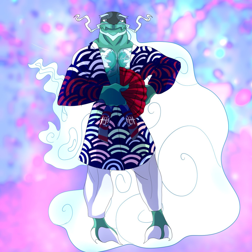 anthro asian_clothing asian_mythology aura basculegion beard bottomwear chest_tattoo clothed clothing deity east_asian_clothing east_asian_mythology eyebrows facial_hair fin fish front_view generation_8_pokemon ghostly green_body hand_fan hi_res hitodama japanese_clothing japanese_mythology japanese_text kanji_on_clothing kimono looking_at_viewer male marine muscular muscular_male mythology nintendo pants pattern_background pattern_clothing pattern_topwear pecs pokemon pokemon_(species) salmonid_(fish) sash simple_background solo takishima_(srcheto) tattoo text theaveragegarbage topwear video_games watermark whiskers white_bottomwear white_clothing white_pants