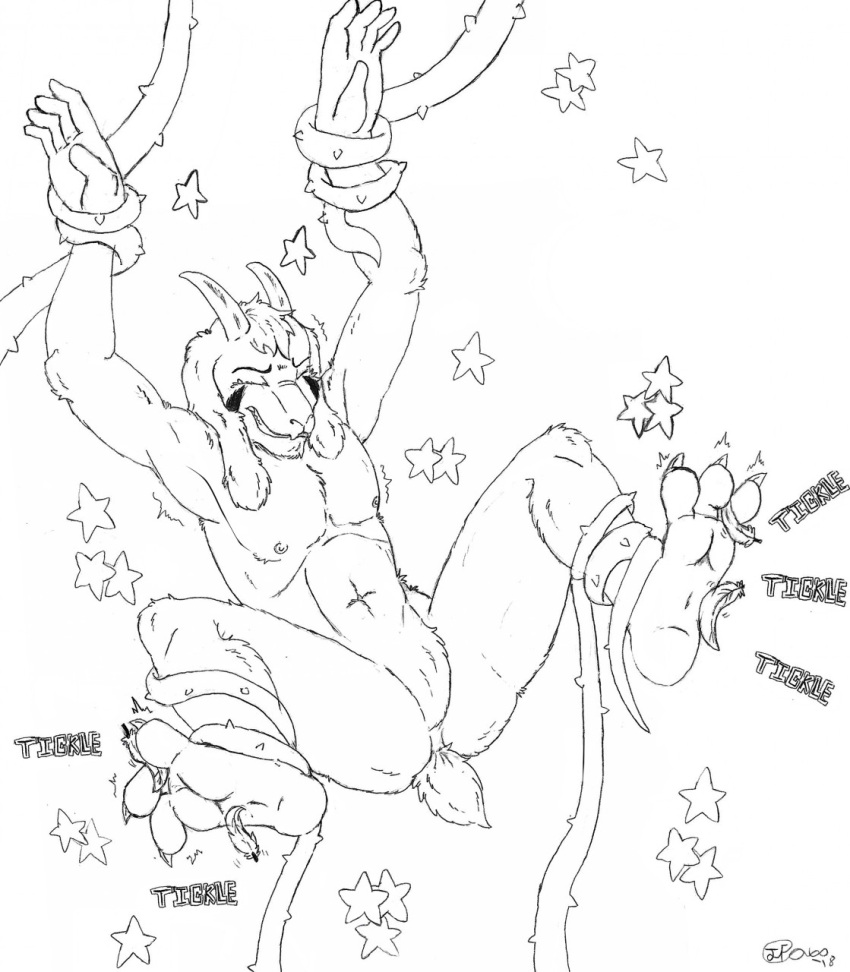 2018 3_toes 5_fingers anthro asriel_dreemurr bdsm bondage bound bovid caprine claws clecnhed_teeth eyes_closed feathers featureless_crotch feet fingers fur goat hi_res horn jimfoxx male mammal navel nipples nude short_tail signature solo spread_legs spreading star tail_between_legs text tickle_torture tickling tickling_feet toe_claws toes undertale undertale_(series) video_games vine_bondage vine_tentacles