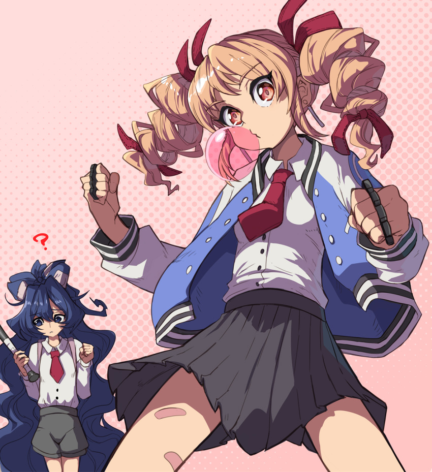 2girls baseball_bat black_skirt blue_bow blue_eyes blue_hair blue_jacket bow brown_eyes chewing_gum clenched_hands closed_mouth collared_shirt cosplay drill_hair hair_between_eyes hair_bow highres holding holding_baseball_bat jacket kunio-kun_series kyoko_(kunio-kun) kyoko_(kunio-kun)_(cosplay) light_brown_hair long_hair long_sleeves misako_(kunio-kun) misako_(kunio-kun)_(cosplay) multiple_girls necktie open_clothes open_jacket pleated_skirt red_necktie river_city_girls shirt shope siblings sisters skirt touhou twin_drills twintails white_shirt yorigami_jo'on yorigami_shion