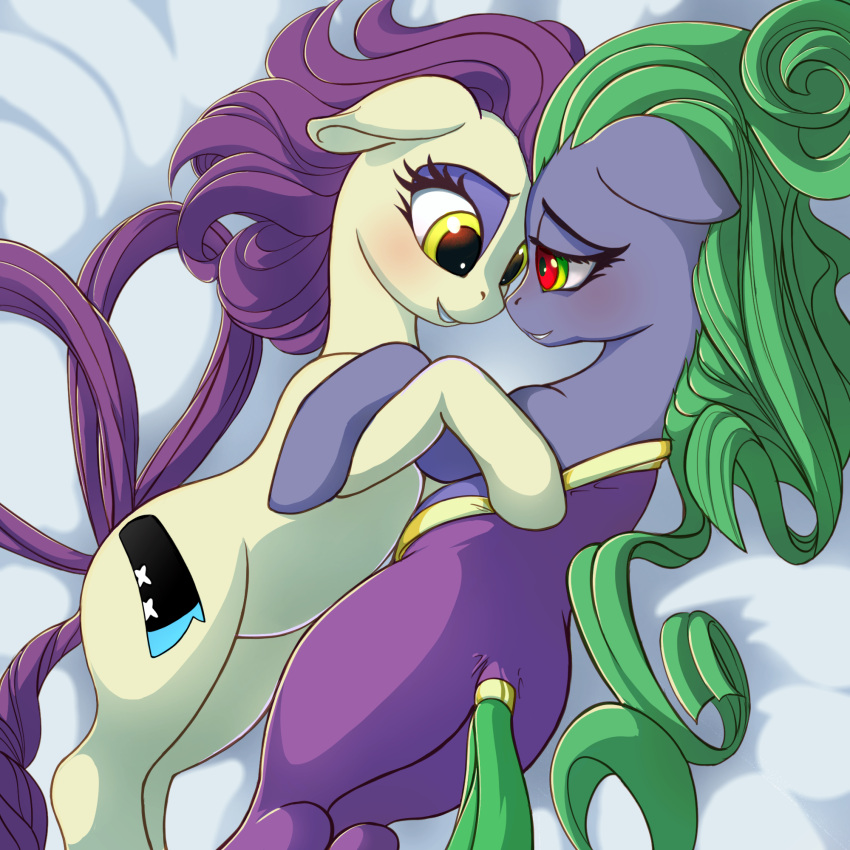 2018 butt clothing costume cuddling digital_media_(artwork) duo ears_down earth_pony embrace equid equine eyelashes eyeshadow female female/female feral feral_on_feral friendship_is_magic green_eyes green_hair green_tail hair hasbro hi_res high_heel_(idw) horse idw_publishing long_hair looking_at_another lunebat lying makeup mammal mane-iac_(mlp) my_little_pony my_little_pony_(idw) pivoted_ears pony pseudo_hair purple_body purple_eyeshadow purple_hair purple_tail red_eyes romantic romantic_couple skinsuit smile tan_body tentacle_hair tentacles tight_clothing