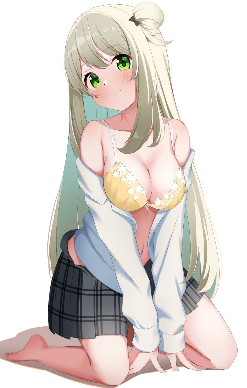 1girl absurdres arm_support armpit_crease bangs barefoot blue_archive blush bow bra breasts closed_mouth collarbone collared_shirt commentary_request eyelashes full_body green_eyes grey_skirt hair_bow highres large_breasts leaning_forward legs long_hair long_sleeves miniskirt navel nonomi_(blue_archive) off_shoulder one_side_up open_clothes open_shirt partial_commentary plaid plaid_skirt rindou_ringdong shadow shiny shiny_hair shirt sidelocks simple_background skirt smile solo swept_bangs thighs underwear white_background white_shirt yellow_bra