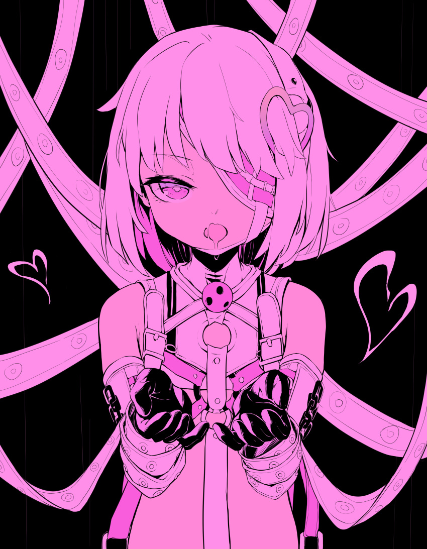 1girl absurdres ball_gag bare_shoulders black_background black_gloves colored_inner_hair dohna_dohna_issho_ni_warui_koto_o_shiyou eyepatch gag gloves hair_ornament heart heart_hair_ornament highres iyasu_shikaku looking_at_viewer monochrome multicolored_hair multiple_straps open_mouth pink_eyes pink_theme porno_(dohna_dohna) revealing_clothes saliva short_hair solo strap two-tone_hair upper_body