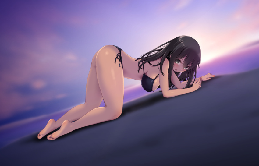 1girl all_fours ass bangs barefoot bikini black_bikini black_hair blurry blurry_background blush breasts commentary_request dutch_angle feet full_body grey_eyes hair_between_eyes large_breasts legs long_hair looking_at_viewer open_mouth original saki_chisuzu shiny shiny_skin side-tie_bikini_bottom sidelocks soles solo swimsuit thighs toes