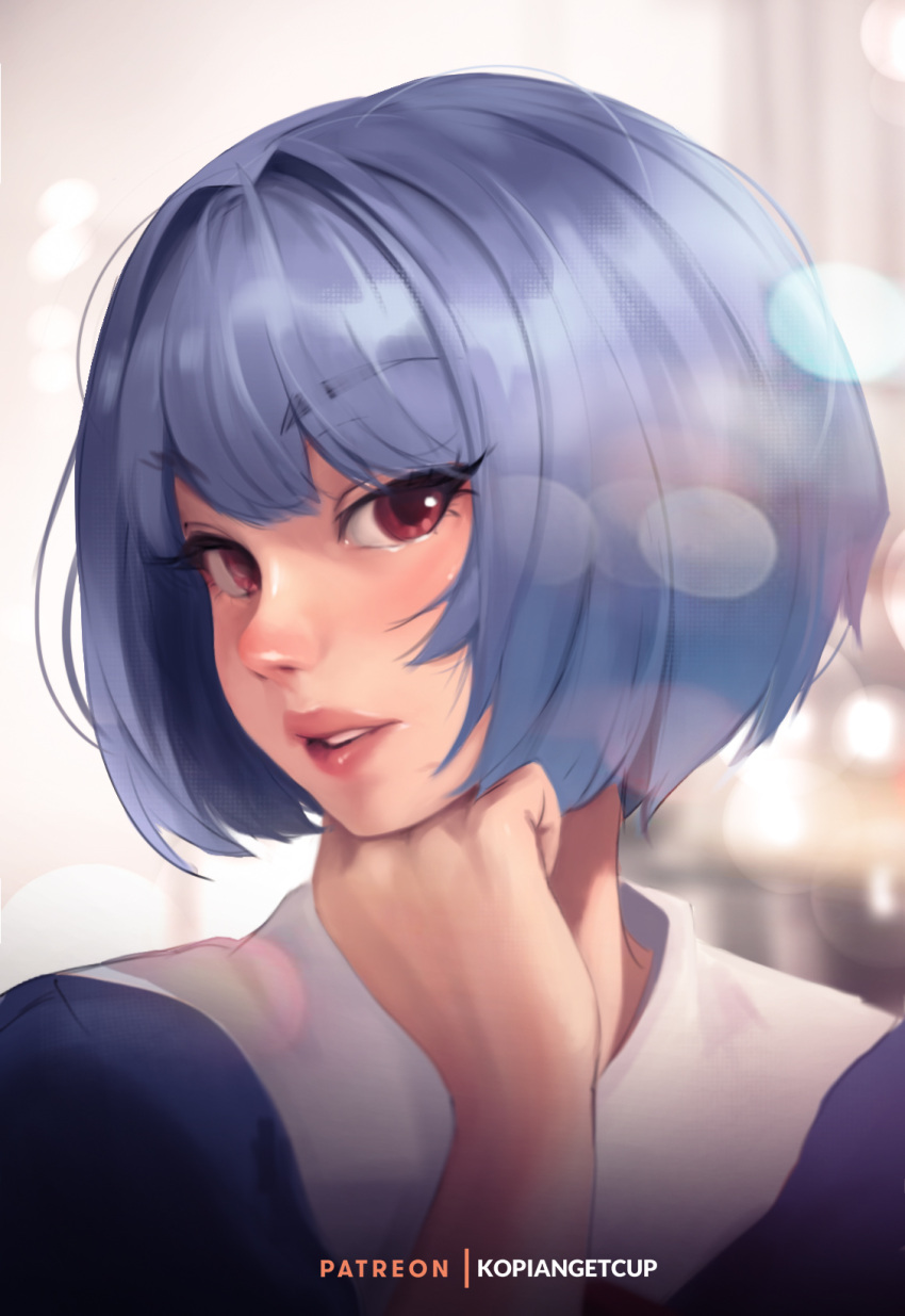 1girl artist_name ayanami_rei bangs blue_dress blue_hair blunt_bangs blurry blurry_background blush bob_cut bokeh close-up commentary curled_fingers depth_of_field dress english_commentary evangelion:_3.0+1.0_thrice_upon_a_time eyelashes hair_strand halftone_texture hand_on_own_chin hand_on_own_face highres kopianget lips looking_at_viewer looking_to_the_side making-of_available neon_genesis_evangelion nose parted_lips patreon_username pinafore_dress portrait rebuild_of_evangelion red_eyes school_uniform shirt short_hair solo thick_eyebrows turning_head white_shirt