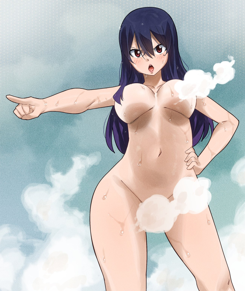 1girl bath blue_hair blush breasts completely_nude convenient_censoring dark_blue_hair dripping eden's_zero gaston18 hand_on_hip highres homura_kogetsu large_breasts long_hair looking_ahead navel nude open_mouth red_eyes simple_background wet