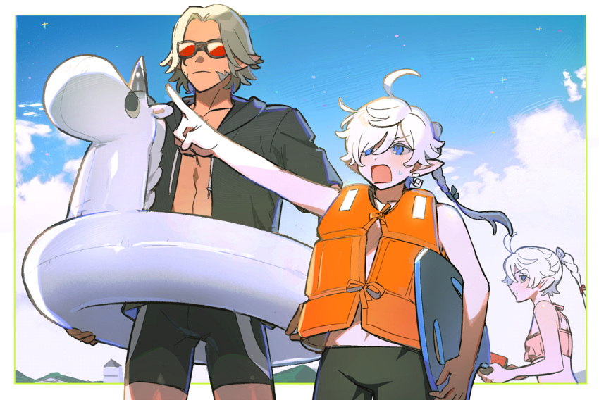 1girl 2boys ahoge alisaie_leveilleur alphinaud_leveilleur alternate_costume bangs bare_shoulders bikini bikini_top_only black_jacket blue_eyes blue_sky border braid braided_ponytail brother_and_sister carrying carrying_under_arm chinese_commentary cloud collarbone commentary_request covered_eyes cowboy_shot day earclip earrings elezen elf final_fantasy final_fantasy_xiv food fruit grey_hair hair_ribbon holding holding_food holding_fruit inflatable_unicorn innertube jacket jewelry life_vest long_hair looking_ahead looking_at_another male_focus male_swimwear multiple_boys nervous open_mouth outdoors outside_border outstretched_arm parted_bangs pointing pointing_forward pointy_ears ribbon short_hair siblings sideburns single_braid single_earring sky standing summer sunglasses sweatdrop swept_bangs swim_trunks swimsuit twins urianger_augurelt watermelon watermelon_slice white_border white_hair wuliu_heihuo