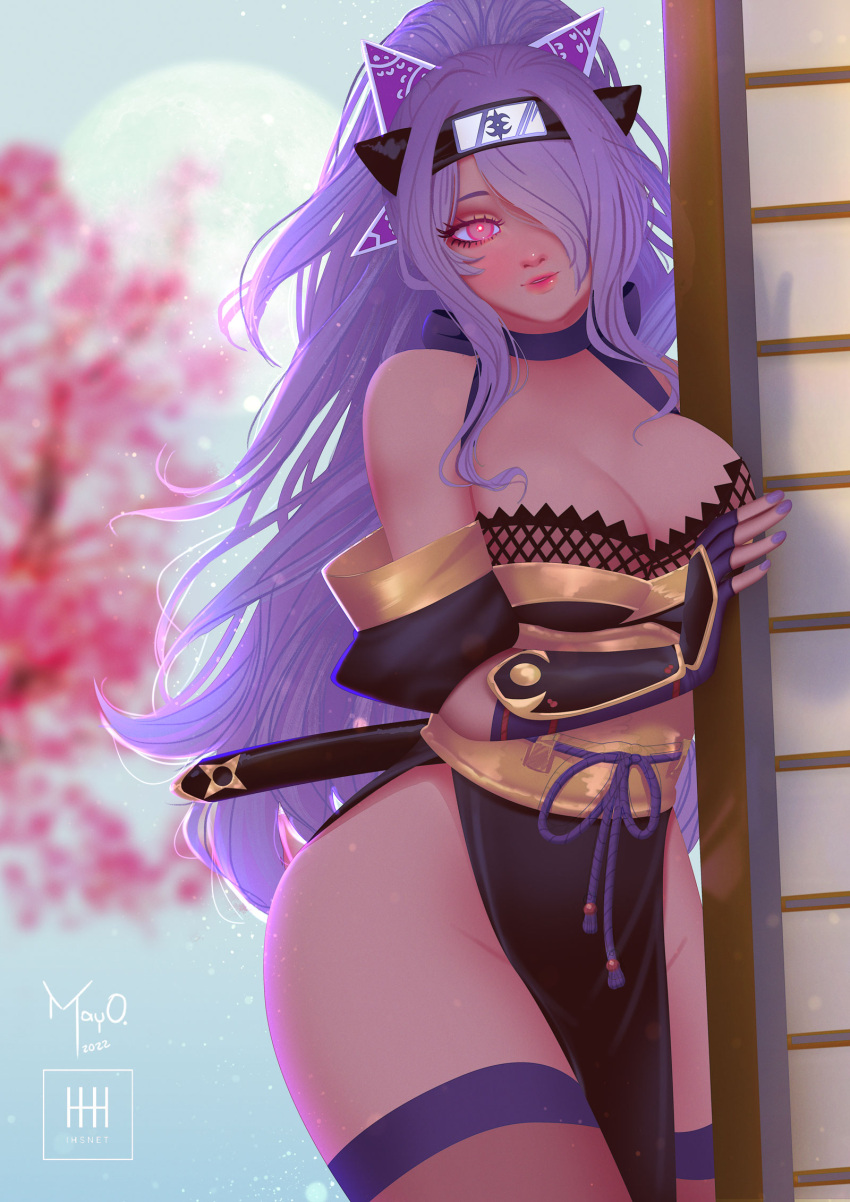 1girl alternate_hairstyle arm_guards breasts camilla_(fire_emblem) choker cleavage collaboration fire_emblem fire_emblem_fates fire_emblem_heroes fishnet_top fishnets gloves hair_over_one_eye headband highres ihsnet kodachi large_breasts long_hair nail_polish ninja obi official_alternate_costume pink_lips ponytail purple_choker purple_eyes purple_gloves purple_hair purple_nails purple_ribbon purple_rope ribbon ribbon_choker rope sash shimenawa short_sword shuriken_hair_ornament sidelocks solo sword thighhighs very_long_hair watermark weapon wide_hips