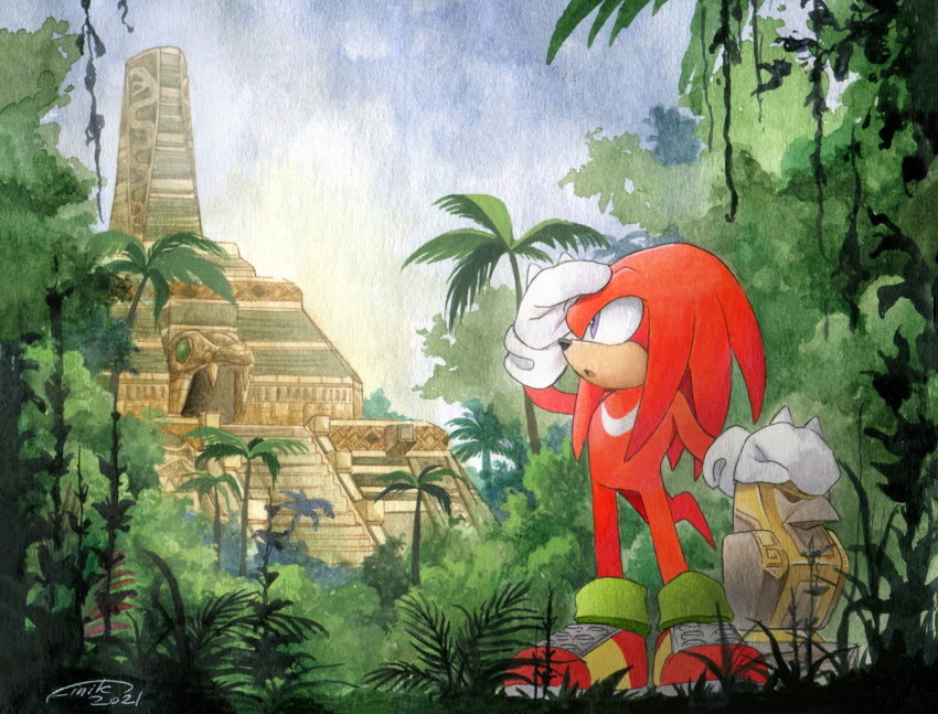 2021 anthro biped black_nose clothing day detailed_background echidna finikart footwear fur gem hi_res jungle knuckles_the_echidna looking_away male mammal monotreme outside plant purple_eyes red_body red_fur sega shoes signature sky solo sonic_adventure sonic_the_hedgehog_(series) temple traditional_media_(artwork) tree