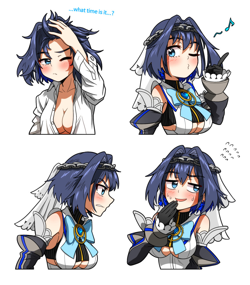 1girl angry black_gloves black_sleeves black_tank_top blue_bow blue_eyes blue_gemstone blue_hair blush bow bow_earrings breasts chain_headband clothing_cutout collared_shirt cropped_torso ddolbang detached_sleeves earrings eighth_note english_text flying_sweatdrops from_side gem gloves hair_intakes hand_on_own_head hand_up heart-shaped_gem highres hololive hololive_english index_finger_raised jewelry large_breasts long_sleeves looking_ahead looking_at_viewer looking_to_the_side messy_hair multiple_views musical_note naked_shirt nervous nervous_smile no_bra one_eye_closed ouro_kronii shirt short_hair sideways_mouth simple_background sleeveless sleeveless_shirt smile sweatdrop tank_top underboob underboob_cutout v-shaped_eyebrows veil virtual_youtuber waking_up whistling white_background white_shirt white_veil