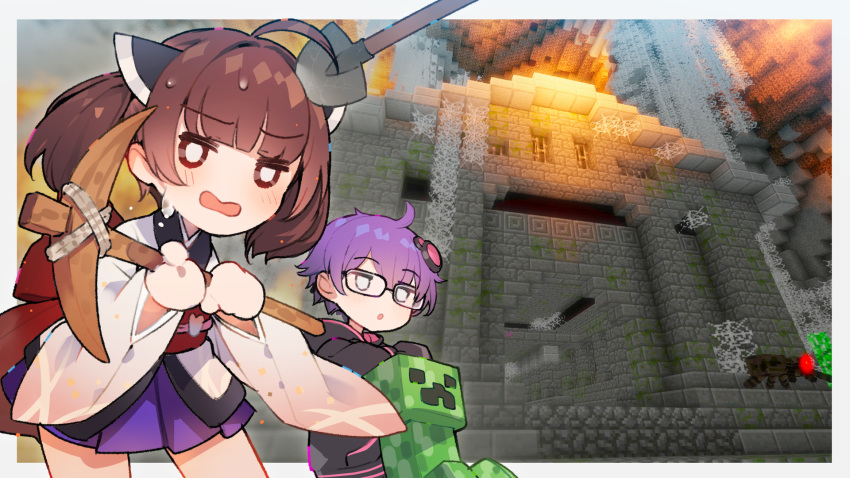 1boy 1girl :o ahoge bangs black_jacket blush brown_hair commentary_request creeper glasses hair_ornament headgear highres holding jacket japanese_clothes long_sleeves minecraft open_mouth parted_lips pickaxe purple_hair shirinda_fureiru shovel sweat touhoku_kiritan twintails voiceroid wide_sleeves yuzuki_yukari's_younger_twin_brother