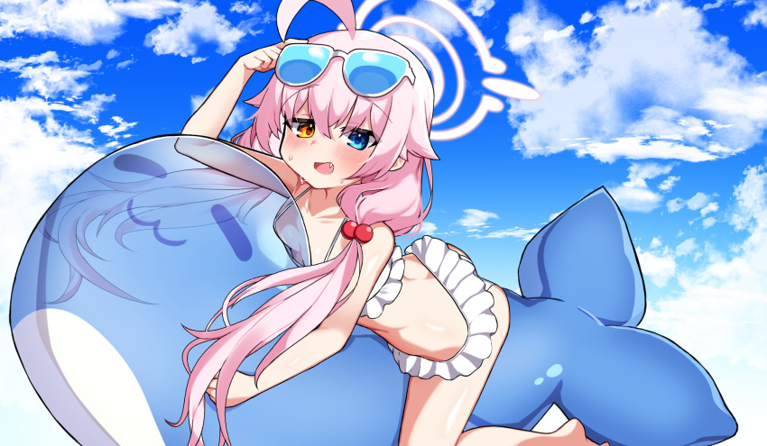 1girl :d adjusting_eyewear ahoge ass bangs bare_back bikini blue_archive blue_sky cloud cloudy_sky commentary_request eyewear_on_head frilled_bikini frills hair_between_eyes hair_bobbles hair_ornament halo heterochromia highres hoshino_(blue_archive) hoshino_(swimsuit)_(blue_archive) innertube lettu long_hair looking_at_viewer low_twintails lying midriff official_alternate_costume on_stomach pink_hair sidelocks sky sleeveless smile solo stuffed_whale sunglasses swimsuit twintails white_bikini