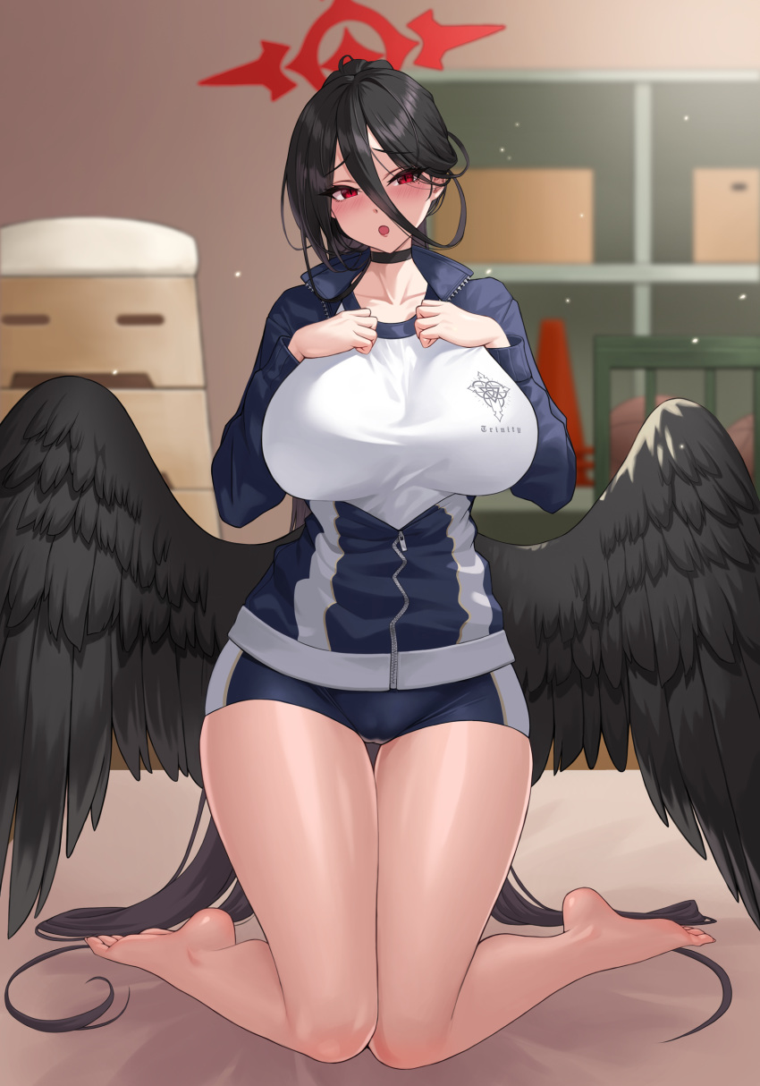 1girl absurdres barefoot black_hair black_wings blue_archive blue_jacket breasts full_body gym_uniform hair_between_eyes halo hasumi_(blue_archive) hasumi_(gym_uniform)_(blue_archive) highres indoors jacket karmiel kneeling large_breasts long_hair looking_at_viewer multicolored_clothes multicolored_jacket official_alternate_costume open_mouth ponytail red_eyes shirt soles solo thighs toes track_jacket two-tone_jacket white_jacket white_shirt wings