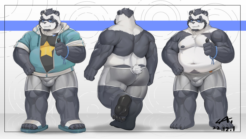 2022 absurd_res anthro balls_outline belly big_belly bottomwear bulge butt cai1448331577 clothing footwear genital_outline giant_panda hi_res hoodie kemono male mammal model_sheet moobs navel nipples penis_outline sandals shirt shorts solo topwear ursid