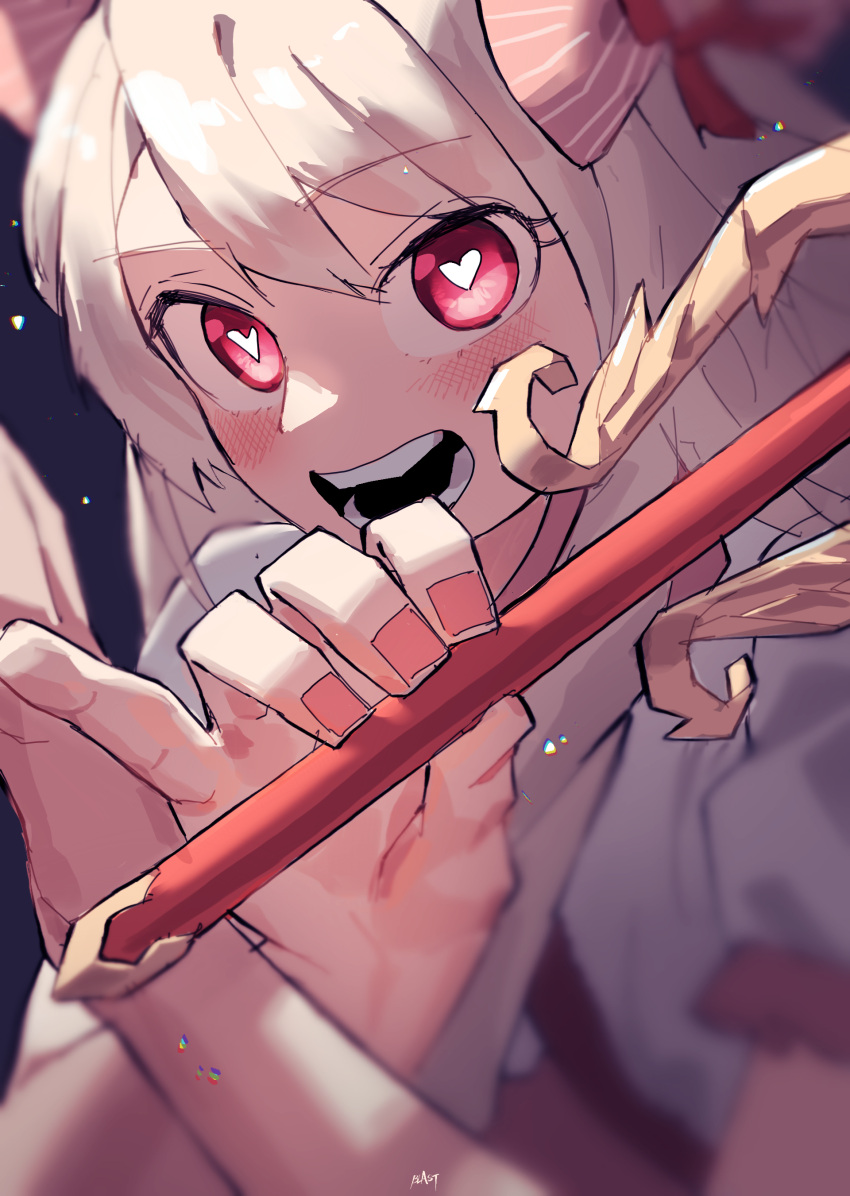 1girl absurdres blast-7 blonde_hair blush chaos_marie dark_background grimms_notes hair_ribbon heart heart-shaped_pupils highres long_hair looking_at_viewer nail_polish open_mouth pink_eyes portrait ribbon solo symbol-shaped_pupils teeth wand weapon