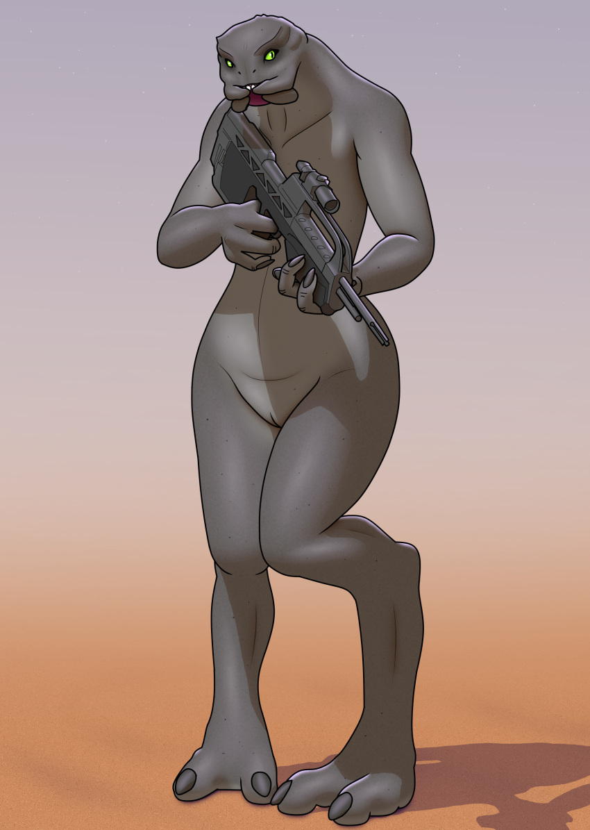 2021 2_toes 4_fingers absurd_res alien battle_rifle_(halo) digital_media_(artwork) feet female fingers genitals green_eyes grey_body grey_skin gun halo_(series) hi_res holding_object holding_weapon humanoid mandibles microsoft nude pussy random73 ranged_weapon rifle sand sangheili simple_background solo some_sangheili toes video_games weapon wide_hips xbox_game_studios