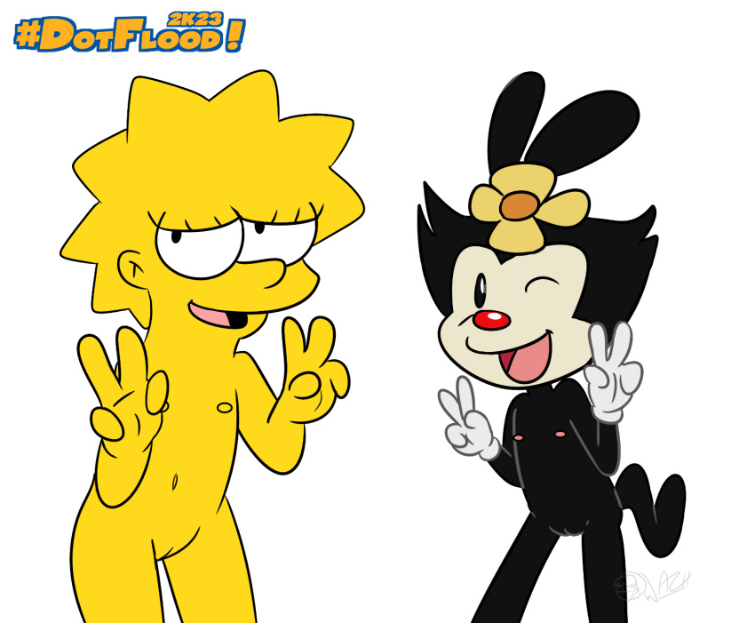 animaniacs child dot_warner double_v_sign duo female flower gesture hi_res human inkblot lisa_simpson mammal nipples nude one_eye_closed open_mouth plant simple_background the_simpsons v_sign warner_brothers white_background yellow_body young