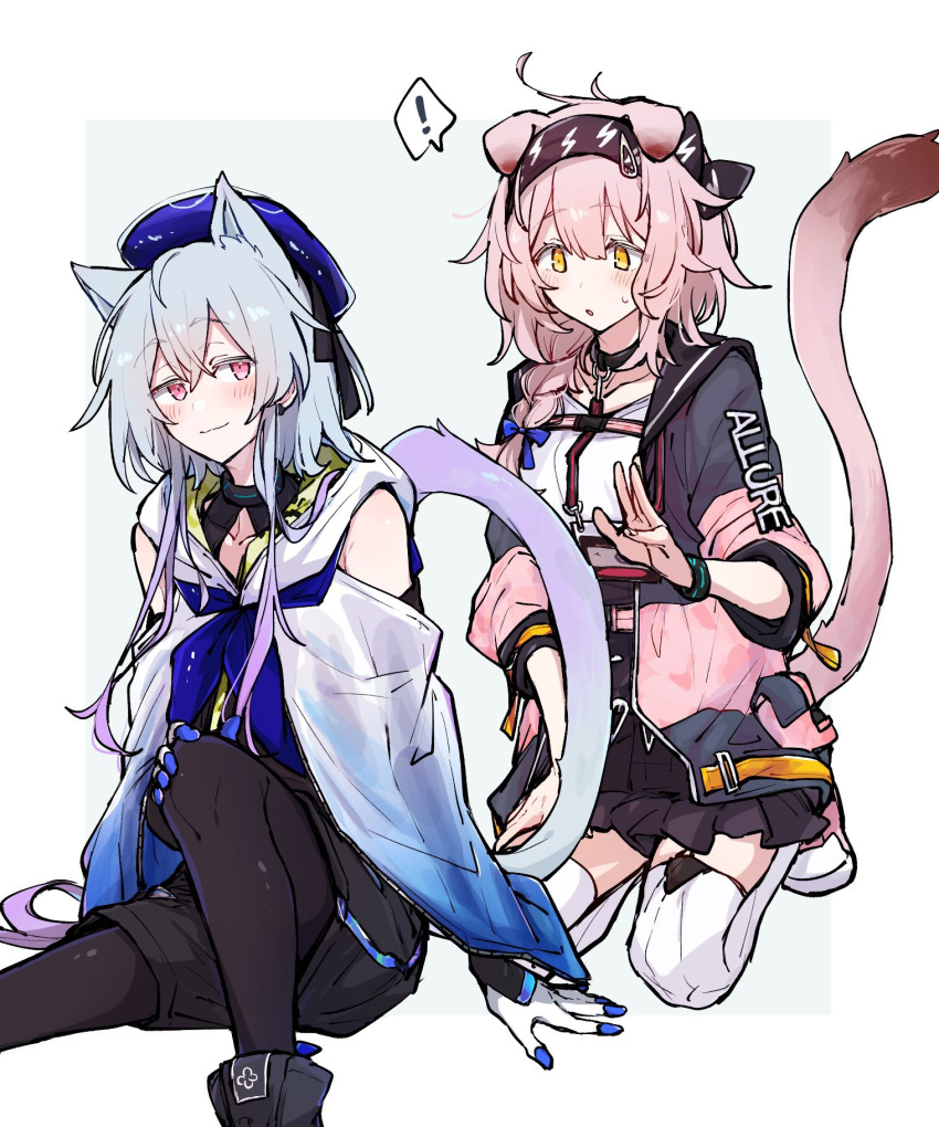 ! 1boy 1girl :3 :o animal_ears arknights back_bow bangs beret black_bracelet black_collar black_footwear black_gloves black_hairband black_pantyhose black_shirt black_shorts black_skirt blue_headwear blue_neckerchief blue_ribbon blush boots border bow bracelet braid brown_tail cat_ears cat_tail closed_mouth collar commentary covered_collarbone crossed_bangs earrings elbow_gloves english_commentary feet_out_of_frame floppy_ears gloves goldenglow_(arknights) gradient_hair gradient_tail grey_background grey_hair grey_jacket hair_ribbon hairband hand_on_own_knee harness hat higashi_shino highres id_card infection_monitor_(arknights) jacket jewelry kemonomimi_mode knee_up lanyard lightning_bolt_print long_hair looking_at_another looking_at_viewer messy_hair mizuki_(arknights) multicolored_hair multicolored_tail neckerchief open_clothes open_jacket otoko_no_ko outside_border pantyhose parted_lips pink_eyes pink_footwear pink_hair pink_jacket pink_tail print_hairband purple_hair ribbon shirt short_shorts shorts side_braid single_braid sitting skirt sleeveless sleeveless_shirt sleeves_pushed_up speech_bubble spoken_exclamation_mark tail thighhighs two-tone_tail white_border white_gloves white_shirt white_thighhighs yellow_eyes