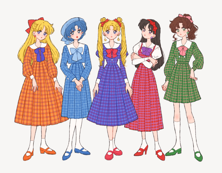 5girls :o aino_minako alternate_costume bangs bishoujo_senshi_sailor_moon black_hair blonde_hair blue_bow blue_dress blue_eyes blue_footwear blue_hair blue_headwear bow bowtie brown_hair collar crescent crescent_earrings crossed_arms dress drill_hair earrings flat_color full_body gold_earrings green_dress green_eyes green_footwear green_skirt hair_bow hair_ribbon hairband hand_on_hip headwear_request high_ponytail hino_rei jewelry juliet_sleeves kino_makoto long_hair long_sleeves looking_at_another makeup mizuno_ami multiple_girls orange_dress orange_footwear own_hands_together parted_bangs parted_lips pinafore_dress pink_bow pink_footwear pink_ribbon plaid plaid_dress plaid_skirt pleated_dress pleated_skirt ponytail puffy_long_sleeves puffy_sleeves purple_bow purple_dress purple_eyes red_bow red_dress red_footwear red_hairband red_lips retro_artstyle ribbon rikuwo sailor_collar sailor_dress sailor_moon shirt short_hair simple_background skirt sleeve_cuffs socks standing tsukino_usagi twin_drills twintails two-tone_dress white_background white_collar white_sailor_collar white_shirt white_socks