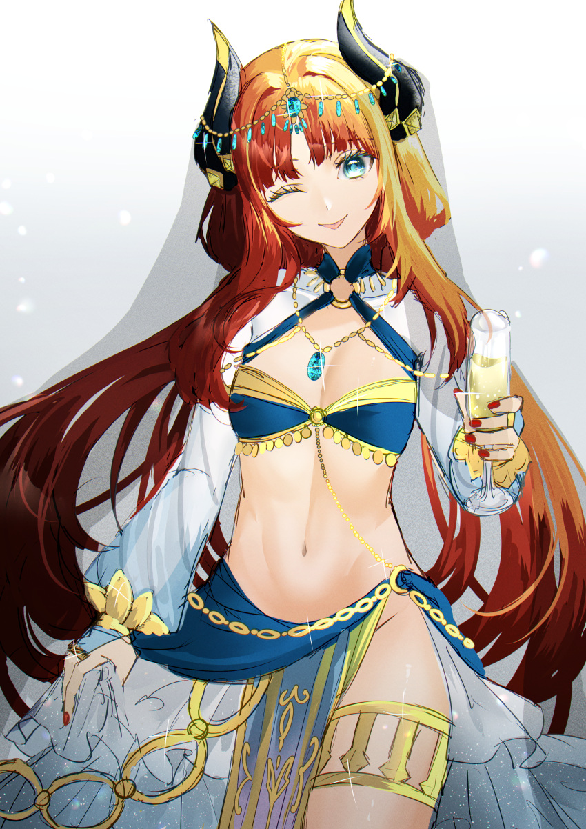 1girl ;p absurdres bangs breasts circlet cowboy_shot drink genshin_impact grey_background harem_outfit highres holding holding_drink horns jewelry long_hair long_sleeves looking_at_viewer low_twintails nail_polish navel nilou_(genshin_impact) one_eye_closed parted_bangs pelvic_curtain rayla_(rayla_illust) red_hair red_nails sidelocks simple_background skirt_hold small_breasts solo stomach thighlet thighs tongue tongue_out twintails veil