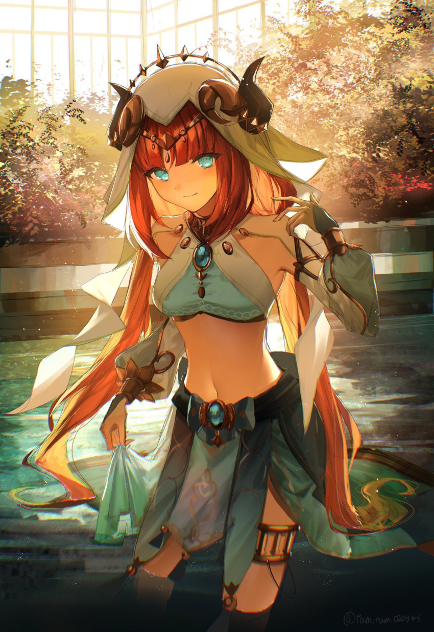 1girl aqua_eyes arm_up armpits bangs blue_bow blue_gemstone blue_skirt blush bow bracer brooch circlet closed_mouth cowboy_shot crop_top dancer detached_sleeves fake_horns gem genshin_impact gold_trim harem_outfit highres horns jewelry long_hair long_sleeves looking_at_viewer low_twintails navel neck_ring nilou_(genshin_impact) parted_bangs puffy_long_sleeves puffy_sleeves sidelocks skirt skirt_hold smile solo stomach tamitami thighlet thighs twintails twitter_username veil wading water white_headwear white_sleeves