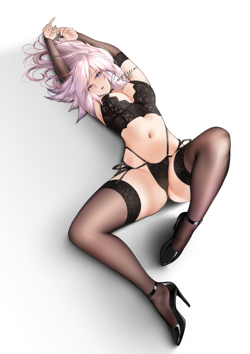 1girl arms_up bangs black_bra black_footwear black_panties black_sleeves black_thighhighs blue_eyes bra breasts cleavage commentary commission cross-laced_clothes detached_sleeves dutch_angle english_commentary from_above gabriel_(granblue_fantasy) granblue_fantasy grey_background high_heels highres knee_up lace lace_bra lace_panties large_breasts legs lingerie long_hair looking_at_viewer lying mixed-language_commentary multi-strapped_panties navel on_back panties parted_lips pink_hair shizuko_hideyoshi side-tie_panties simple_background spread_legs stomach string_panties swept_bangs thighhighs thighs underwear