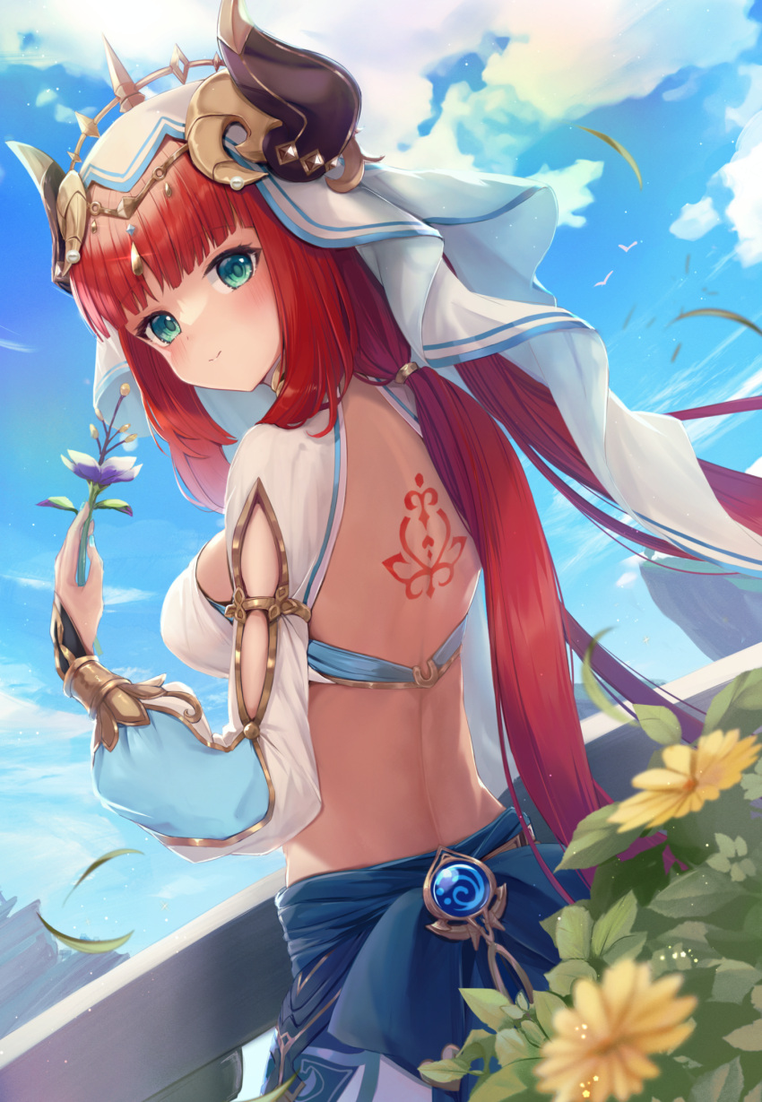 1girl aqua_eyes back_tattoo bangs bare_back blue_skirt blue_sky blush bracer breasts circlet closed_mouth clothing_cutout cloud crop_top day dutch_angle fake_horns falling_leaves flower from_behind genshin_impact gold_trim highres holding holding_flower horns itone_114 leaf long_hair long_sleeves looking_at_viewer looking_back low_twintails median_furrow medium_breasts nilou_(genshin_impact) outdoors parted_bangs plant puffy_long_sleeves puffy_sleeves red_hair shrug_(clothing) skirt sky smile solo tattoo twintails veil vision_(genshin_impact) white_headwear wind yellow_flower