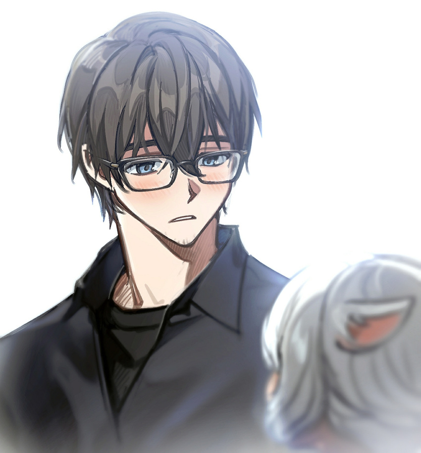 1boy 1girl adventurer_(ff14) animal_ears bangs bespectacled black-framed_eyewear black_shirt blue_eyes blurry brown_hair cat_ears depth_of_field facial_hair final_fantasy final_fantasy_xiv glasses grey_hair hair_between_eyes height_difference highres hyur looking_at_another looking_down male_focus miqo'te portrait shirt short_hair simple_background solo_focus stubble white_background wuliu_heihuo y'shtola_rhul
