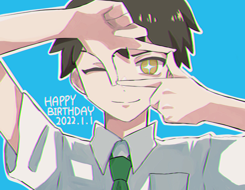 1boy bangs breast_pocket brown_hair collared_shirt danganronpa_(series) danganronpa_2:_goodbye_despair dated green_background green_necktie ha_kuishibare hands_up happy_birthday highres hinata_hajime male_focus necktie one_eye_closed outline pocket portrait shiny shiny_hair shirt short_sleeves simple_background smile solo tagme white_outline