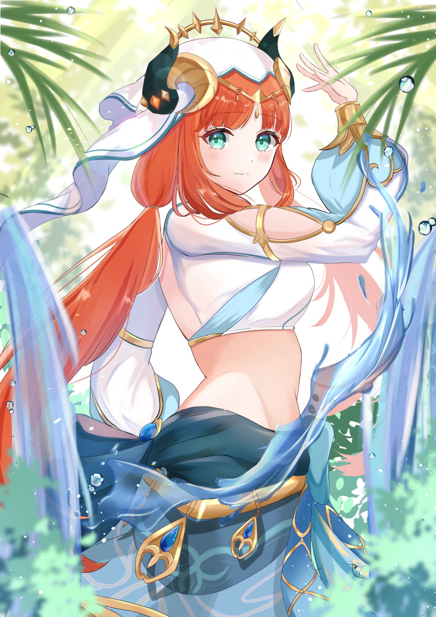 1girl absurdres aqua_eyes arm_up bangs blue_skirt blush bracer breasts brooch circlet closed_mouth cocoa_11vv crop_top dancer dancing day fake_horns from_side genshin_impact harem_outfit highres horns jewelry leaf long_hair long_sleeves looking_at_viewer low_twintails medium_breasts midriff neck_ring nilou_(genshin_impact) outdoors parted_bangs plant puffy_long_sleeves puffy_sleeves shirt sidelocks skirt smile solo twintails veil water water_drop white_headwear white_shirt white_sleeves