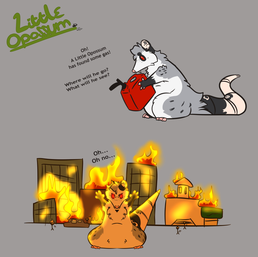 absurd_res anarchy burning chaos chubby_belly colored comic destruction_of_property didelphid english_text feral fire gas_canister glowing glowing_eyes hi_res humor male mammal marsupial possumgod ryder_the_pirate_(possumgod) simple_background solo text