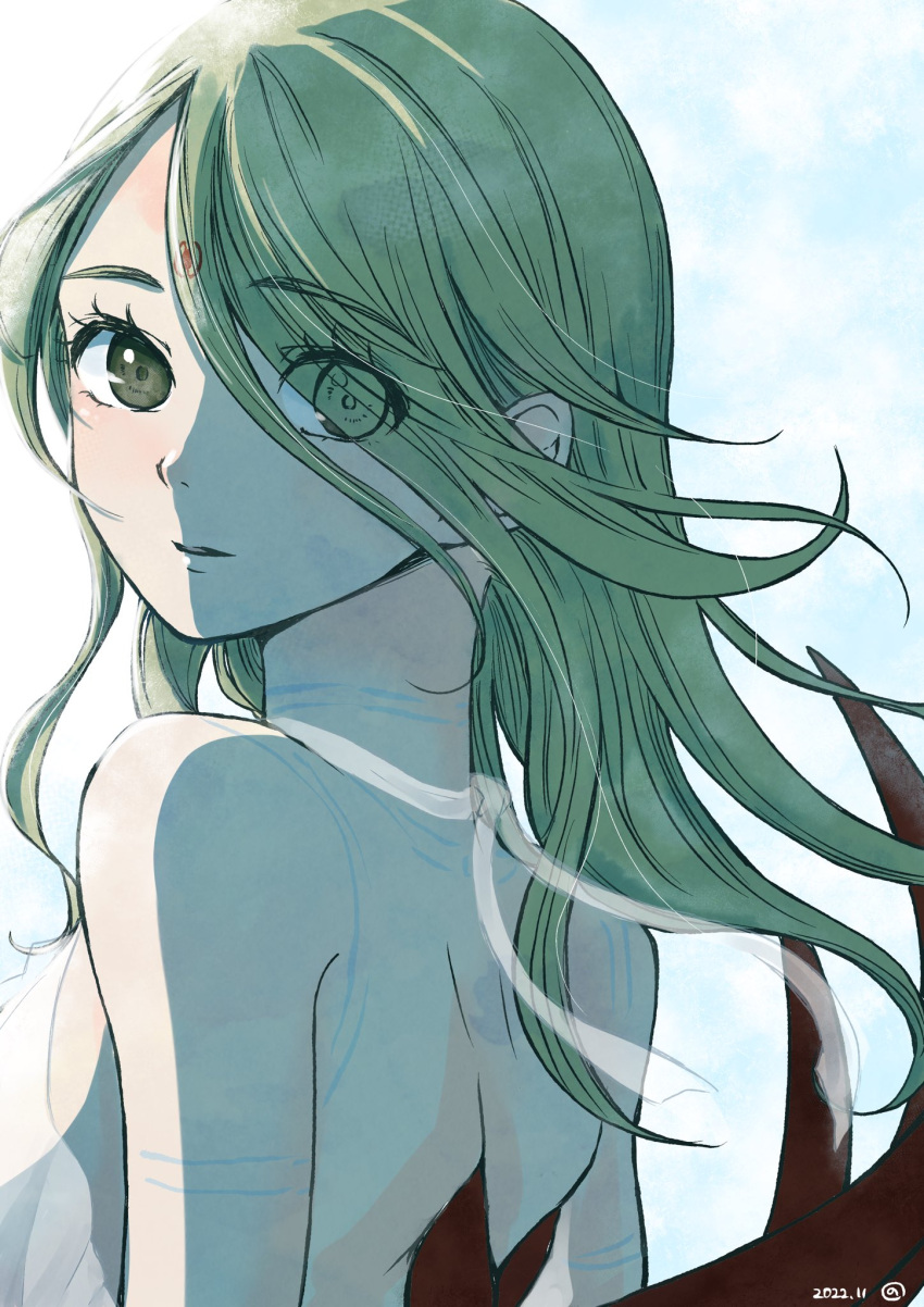 1girl back breath_of_fire breath_of_fire_v dated dress facial_mark full-body_tattoo green_hair hair_over_one_eye highres long_hair looking_at_viewer nina_(breath_of_fire_v) red_wings solo tattoo white_dress wings