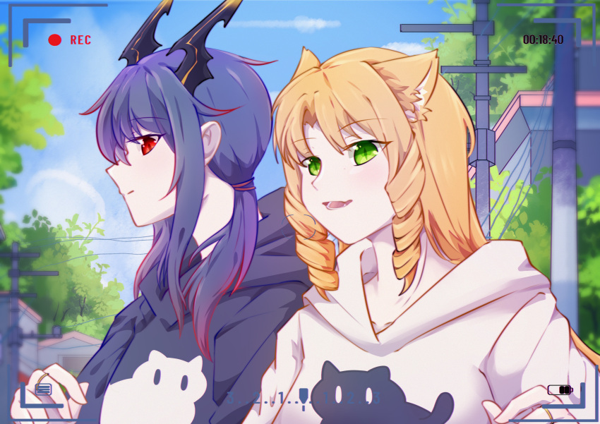 2girls absurdres animal_ears arknights battery_indicator black_sweater blue_hair blue_sky ch'en_(arknights) day dragon_girl dragon_horns fangs green_eyes highres hood hood_down hooded_sweater horns long_hair long_sleeves looking_at_viewer low_twintails matching_outfit multicolored_hair multiple_girls open_mouth orange_hair outdoors power_lines profile recording red_eyes red_hair side_drills sideways_glance sievier sky smile streaked_hair sweater swire_(arknights) tiger_ears tiger_girl twintails utility_pole viewfinder white_sweater