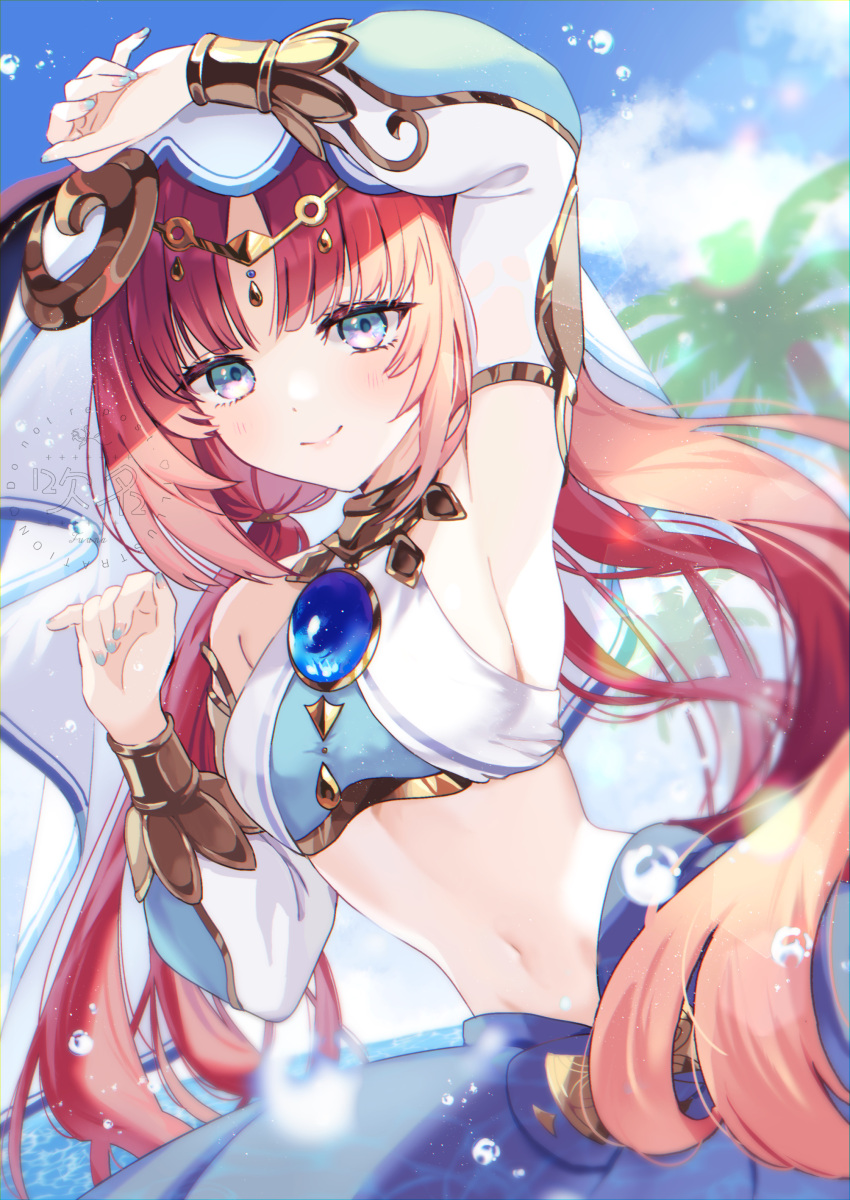 1girl absurdres arm_up armpits bangs bare_shoulders blue_eyes blue_gemstone blue_nails blue_skirt blue_sky blurry blurry_background bracer breasts brooch circlet closed_mouth cloud crop_top dancer day detached_sleeves dutch_angle fake_horns floating_hair gem genshin_impact gold_trim hand_up harem_outfit hell_fuuna highres horns jewelry linea_alba long_hair looking_at_viewer low_twintails medium_breasts nail_polish navel neck_ring nilou_(genshin_impact) outdoors palm_tree parted_bangs red_hair sidelocks skirt sky smile solo stomach tree twintails veil water_drop white_headwear white_sleeves