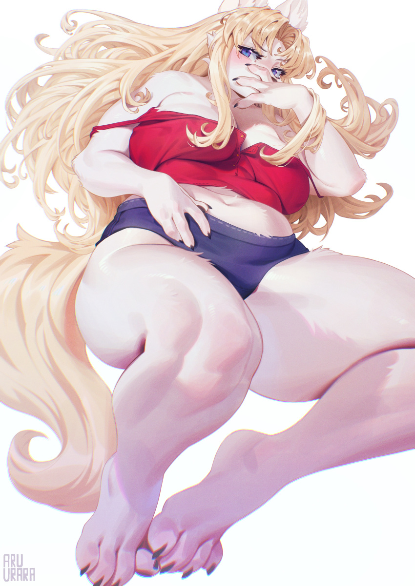 4_fingers absurd_res anthro aruurara barefoot big_breasts blonde_hair blue_eyes blush bottomwear breasts canid canine claws clothing feet female fingers fur hair halter_top hand_covering_face hi_res kemono mammal shorts slightly_chubby solo toes white_body white_fur yellow_tail